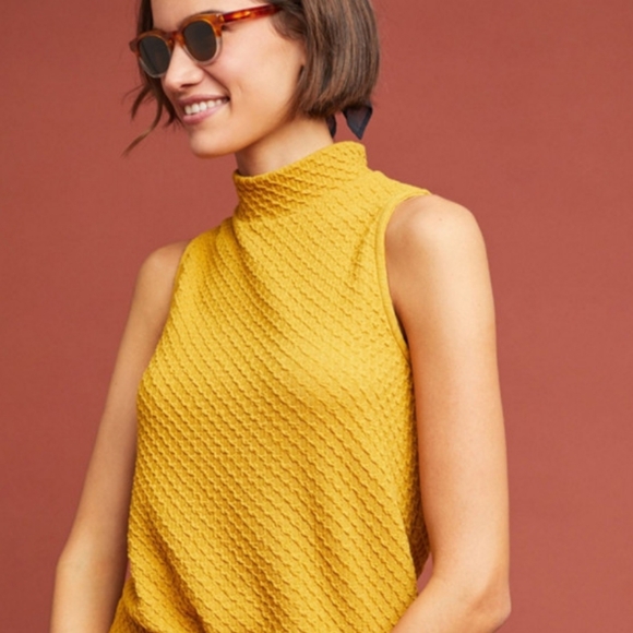 ERI + ALI Anthropologie Textured Mustard Yellow Sleeveless Mockneck Button Top L - Picture 2 of 9